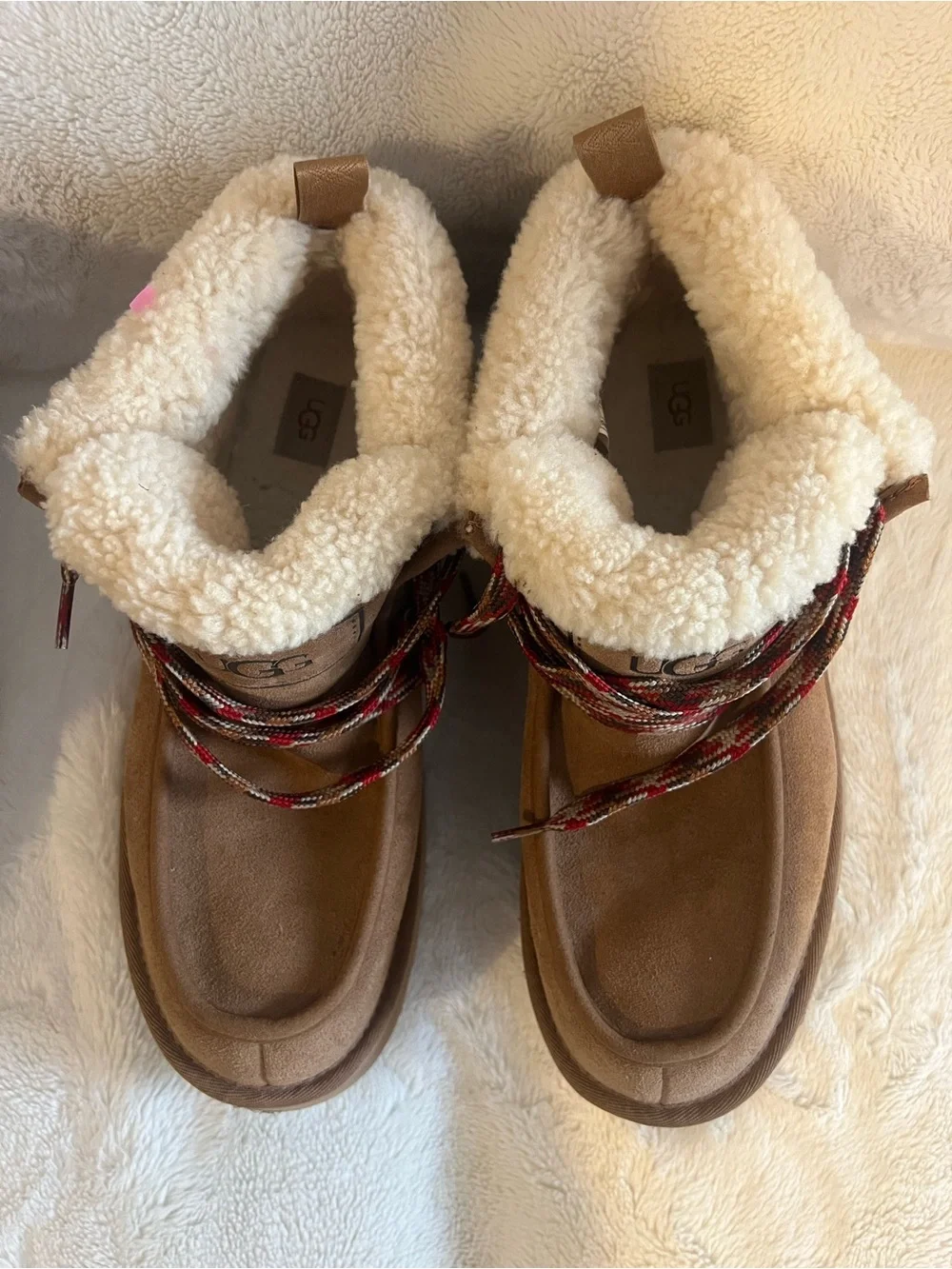 UGG men’s Chestnut Suede Sherpa Cuff Lace-Up Boots with Red Accented Laces